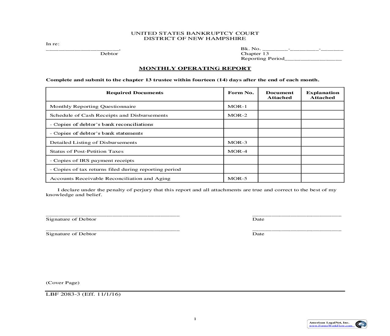 Monthly Operating Report {LBF 2083-3} | Pdf Fpdf Doc Docx | New Hampshire