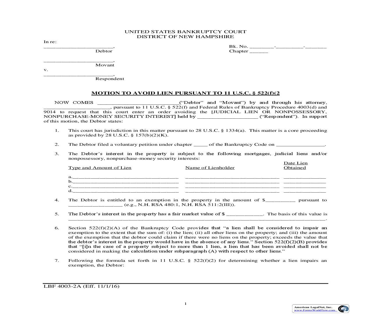 Motion To Avoid Lien Pursuant To 11 USC Section 522(f)(2) {LBF 4003-2A} | Pdf Fpdf Doc Docx | New Hampshire