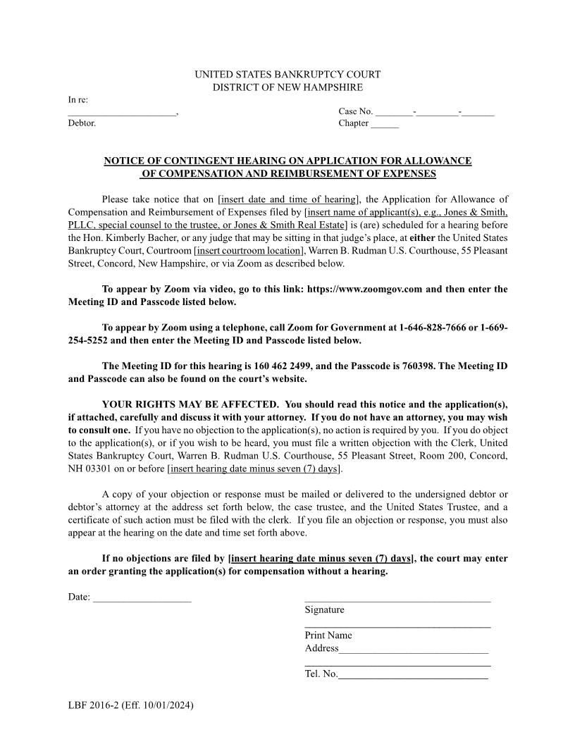 Notice Of Contingent Hearing On Application For Compensation {LBF 2016-2} | Pdf Fpdf Docx | New Hampshire