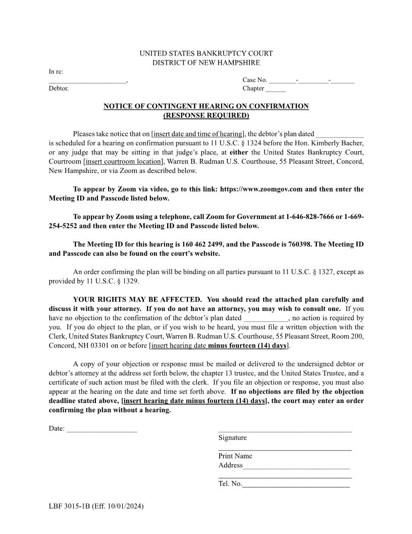Notice Of Contingent Hearing On Confirmation Chapter 13 {LBF 3015-1B} | Pdf Fpdf Docx | New Hampshire