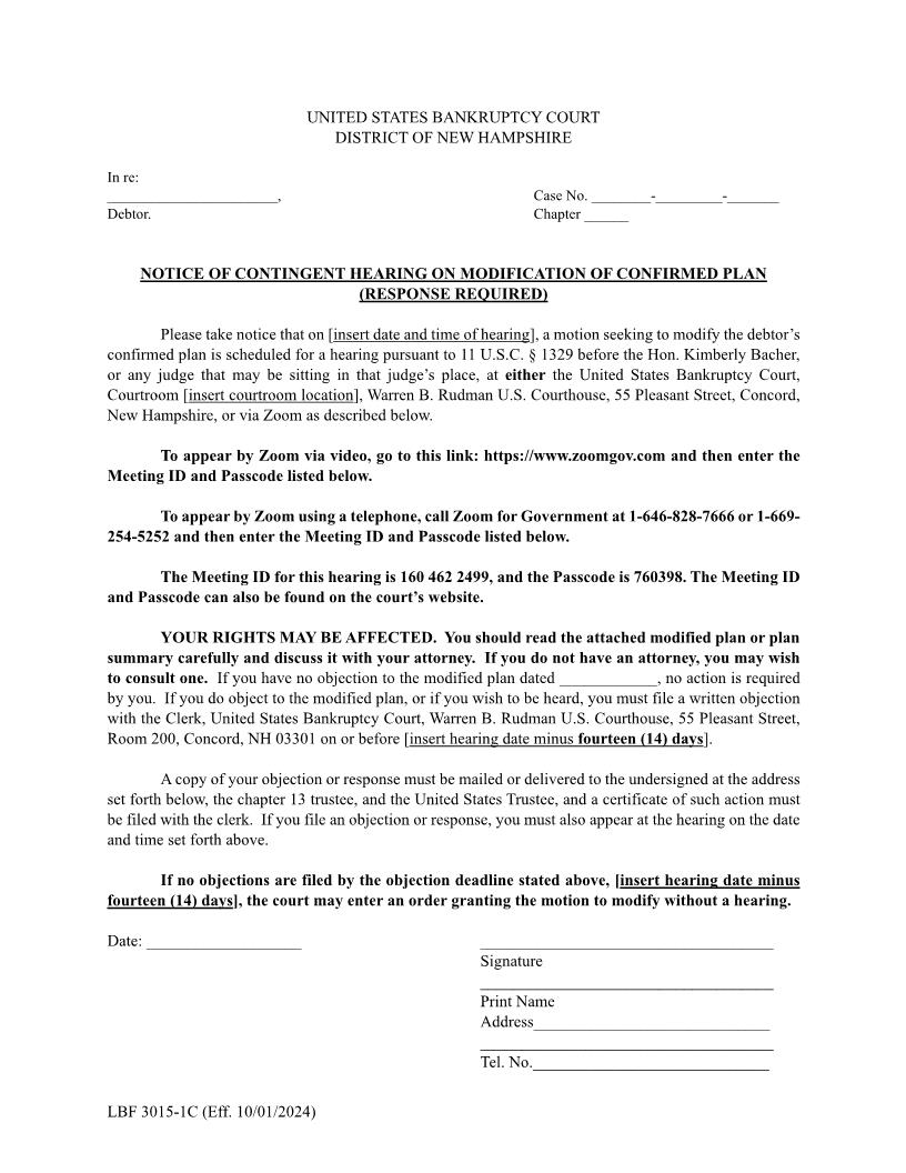 Notice Of Contingent Hearing On Modification Of Confirmed CH 13 Plan {LBF 3015-1C} | Pdf Fpdf Docx | New Hampshire