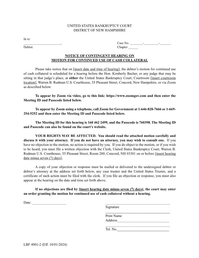 Notice Of Contingent Hearing On Motion For Continued Use Of Cash Collateral {LBF 4001-2} | Pdf Fpdf Docx | New Hampshire