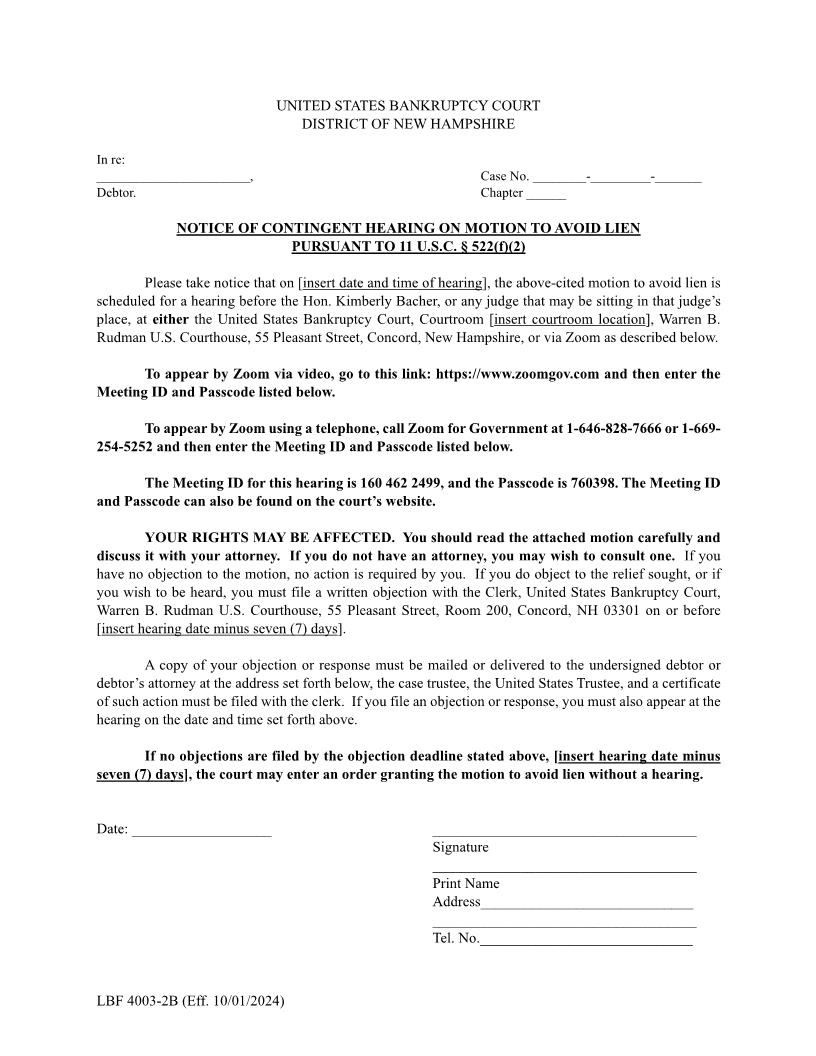 Notice Of Contingent Hearing On Motion To Avoid Lien {LBF 4003-2B} | Pdf Fpdf Docx | New Hampshire