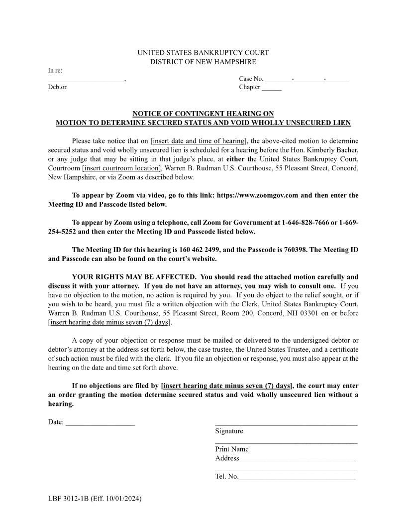 Notice Of Contingent Hearing On Motion To Determine Secure Status {LBF 3012-1B} | Pdf Fpdf Docx | New Hampshire