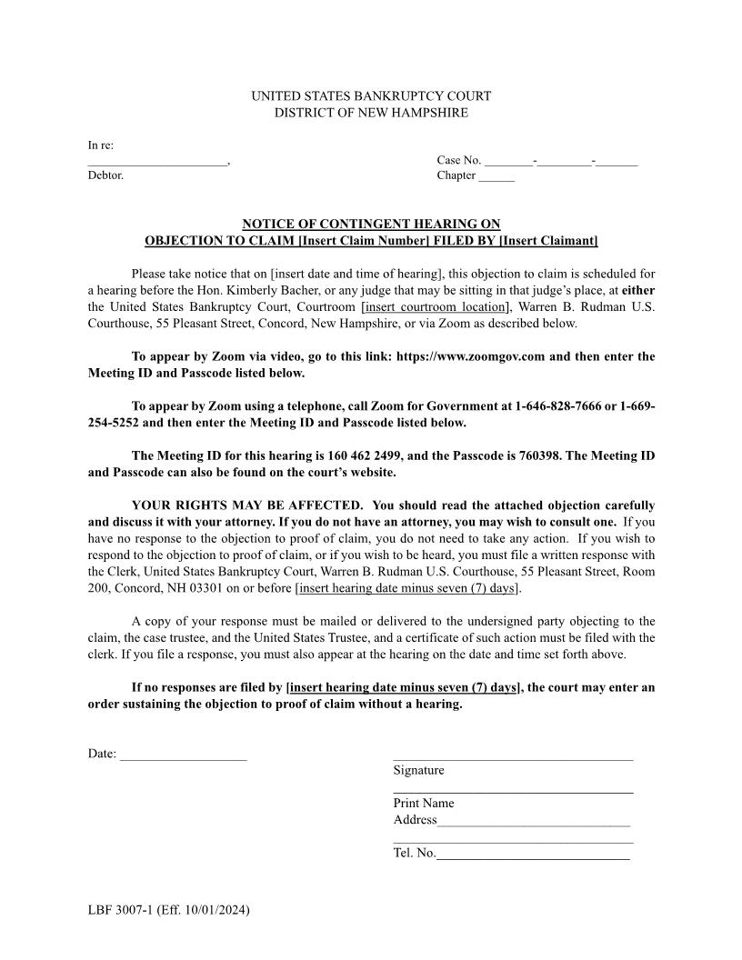 Notice Of Contingent Hearing On Objection To Claim {LBF 3007-1} | Pdf Fpdf Docx | New Hampshire