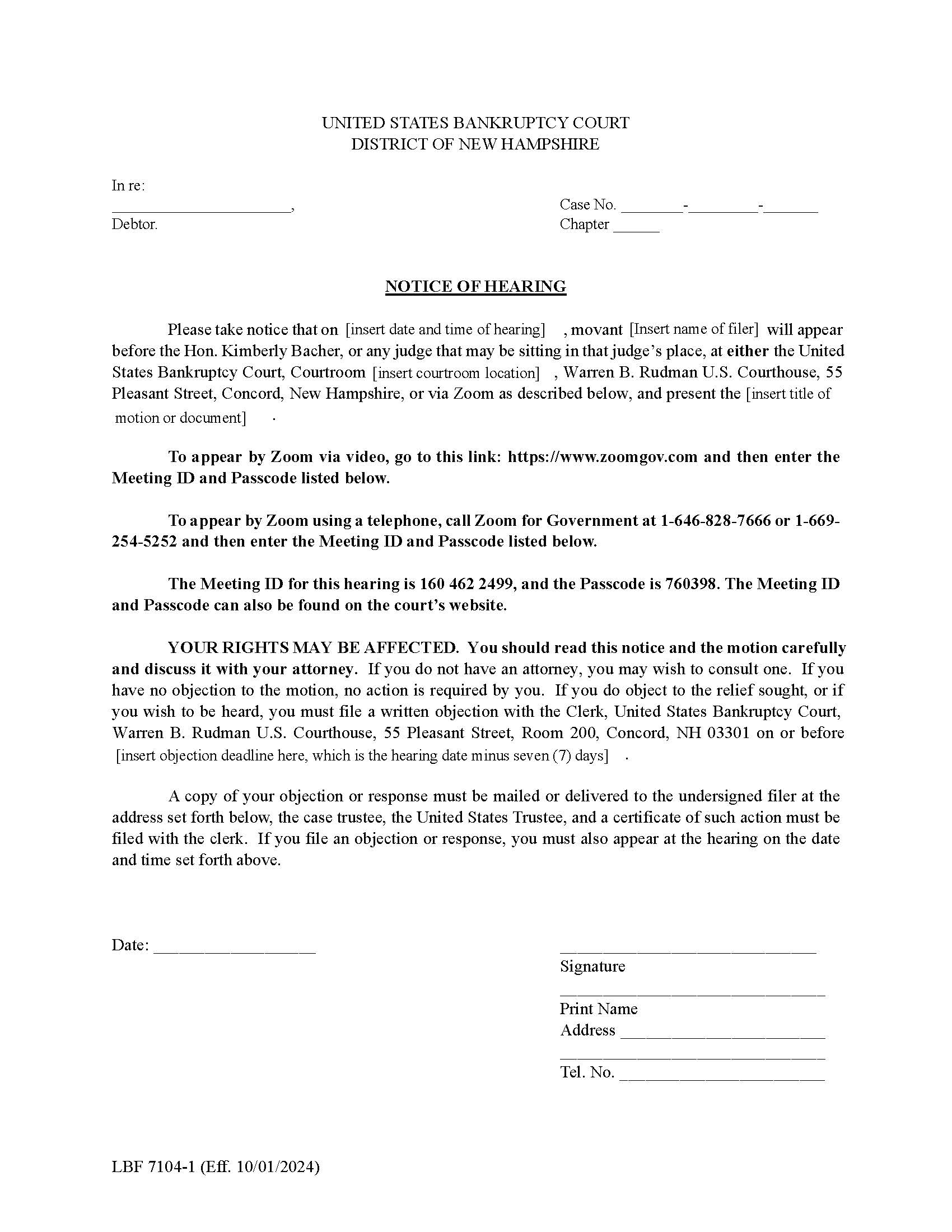 Notice Of Hearing {LBF 7104-1} | Pdf Fpdf Docx | New Hampshire