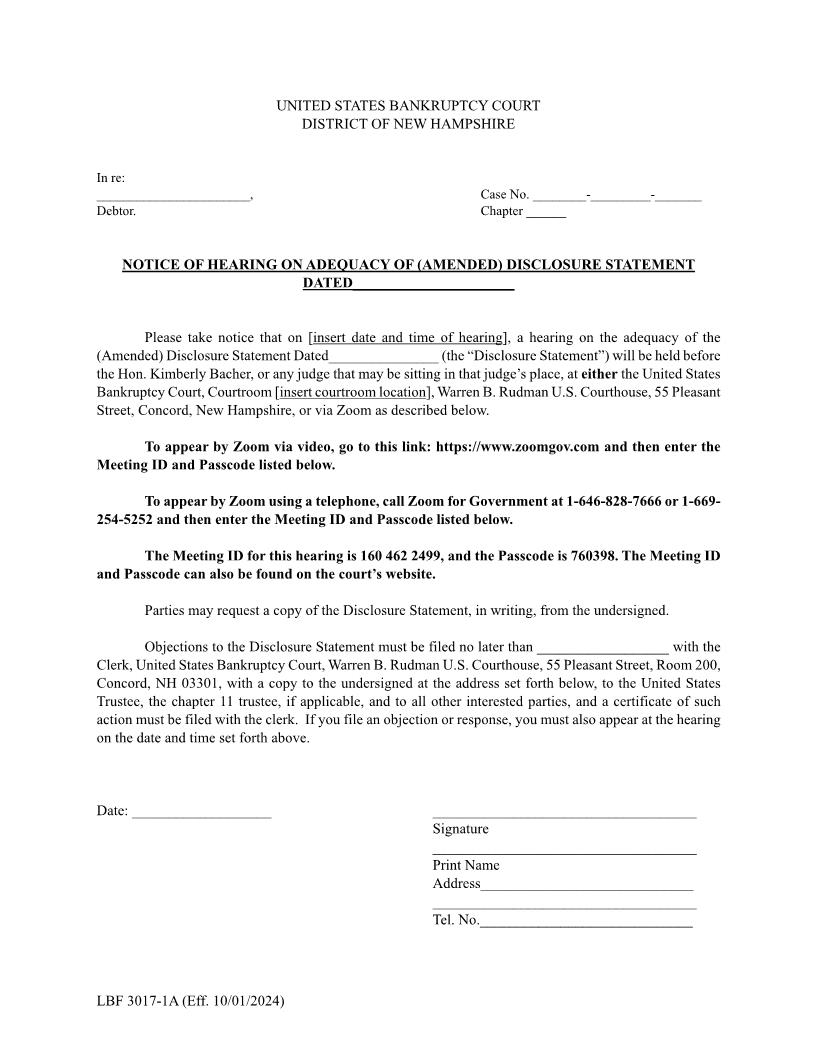 Notice Of Hearing On Adequacy Of Amended Disclosure Statement {LBF 3017-1A} | Pdf Fpdf Docx | New Hampshire