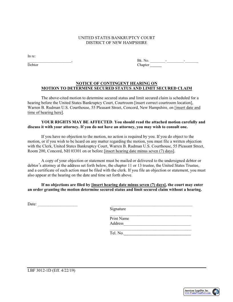 Notice Of Hearing To Determine Secured Status {3012-1D} | Pdf Fpdf Docx | New Hampshire
