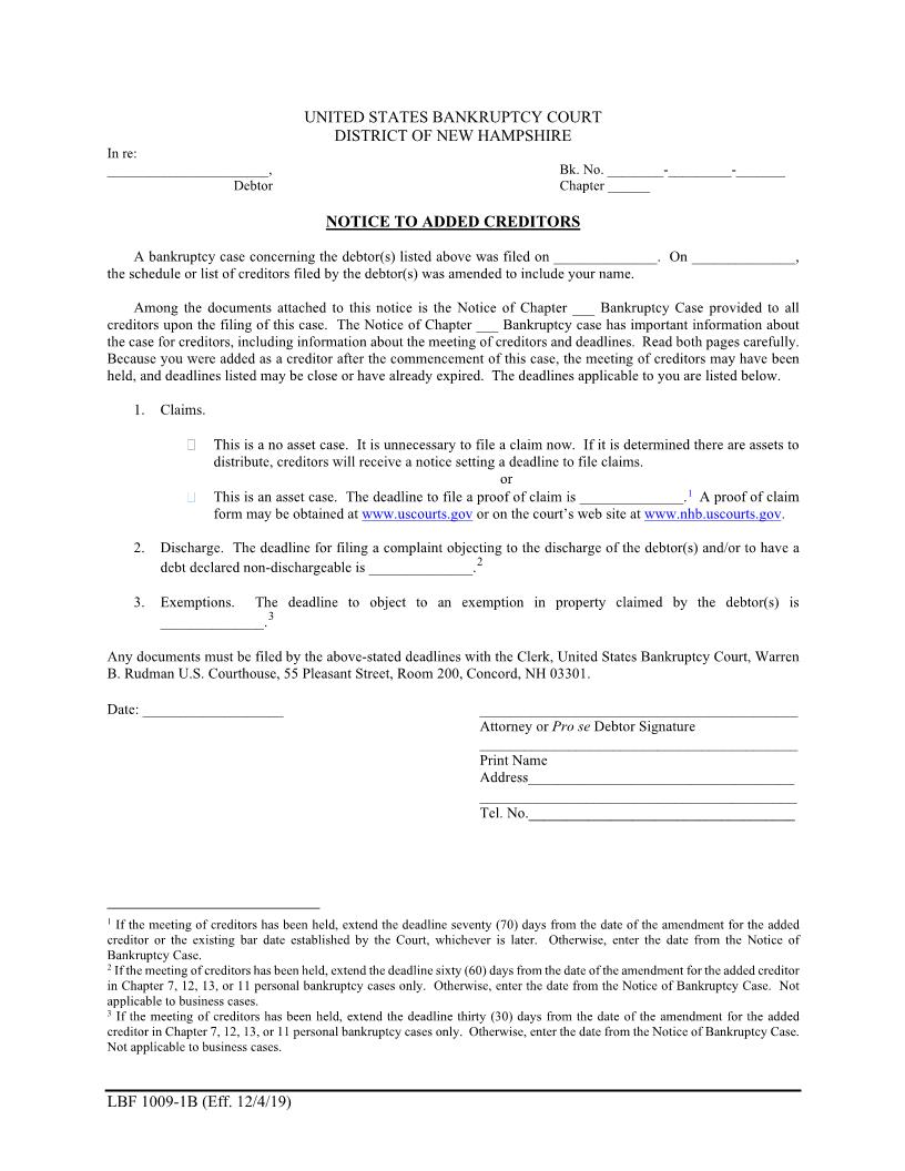 Notice To Additional Creditors {LBF 1009-1B} | Pdf Fpdf Docx | New Hampshire