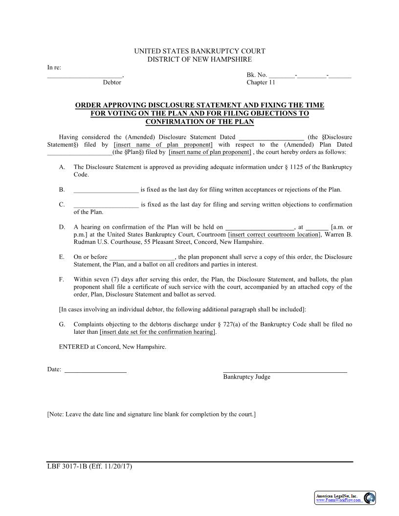 Order Approving Disclosure Statement {LBF 3017-1B} | Pdf Fpdf Docx | New Hampshire