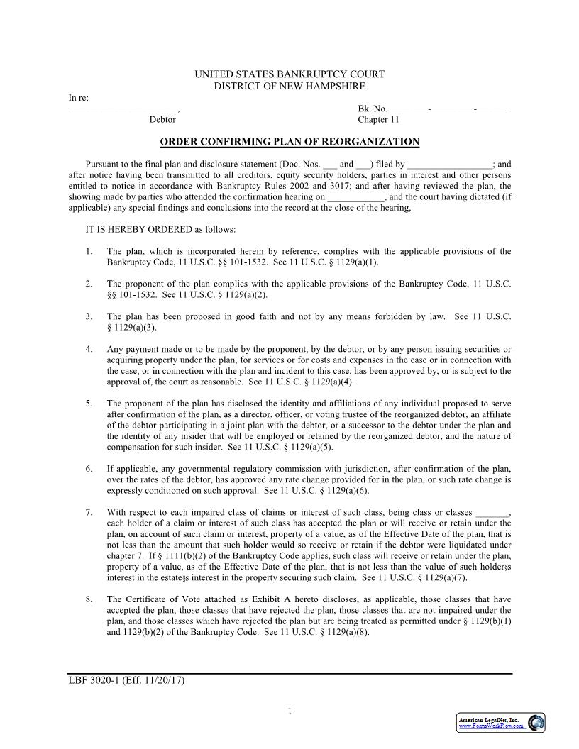 Order Confirming Plan Of Reorganization {LBF 3020-1} | Pdf Fpdf Docx | New Hampshire