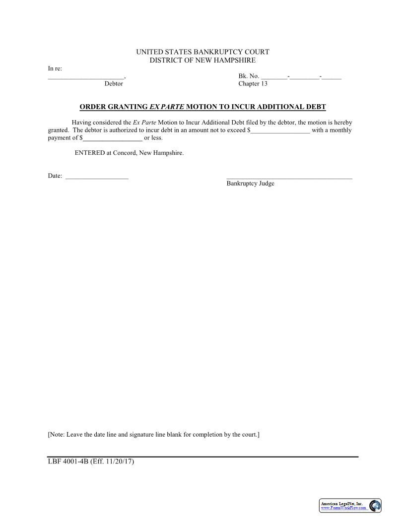 Order Granting Ex Parte Motion To Incur Additional Debt {LBF 4001-4B} | Pdf Fpdf Docx | New Hampshire