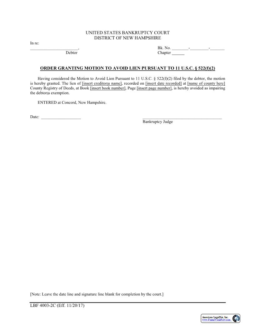 Order Granting Motion To Avoid Lien {LBF 4003-2C} | Pdf Fpdf Docx | New Hampshire
