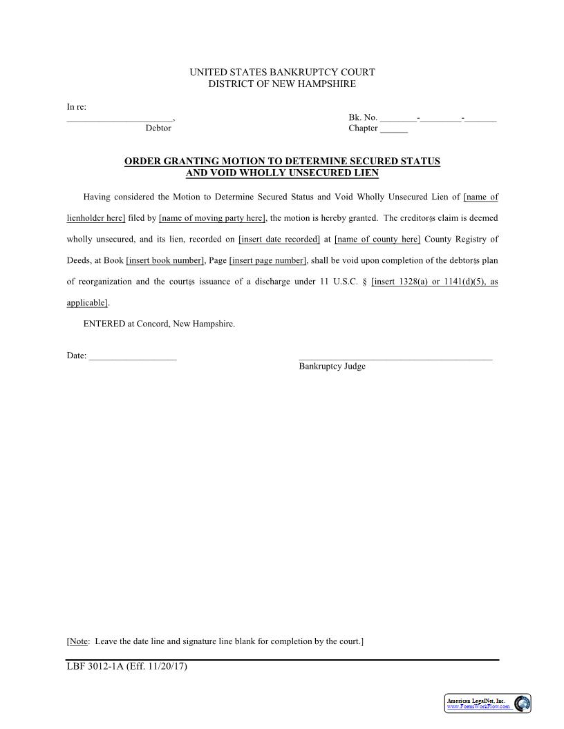 Order Granting Motion To Determine Secured Status {LBF -3012-1A} | Pdf Fpdf Docx | New Hampshire