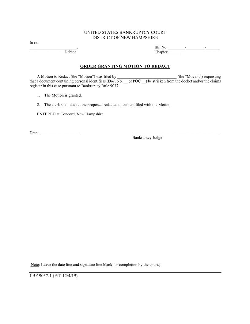 Order Granting Motion To Redact {LBF 9037-1} | Pdf Fpdf Docx | New Hampshire