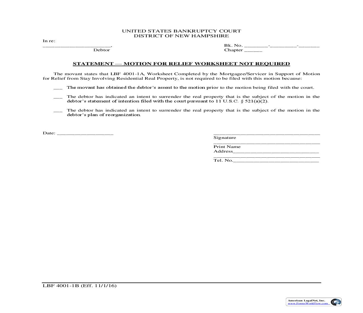 Statement - Motion For Relief Worksheet Not Required {LBF 4001-1B} | Pdf Fpdf Doc Docx | New Hampshire