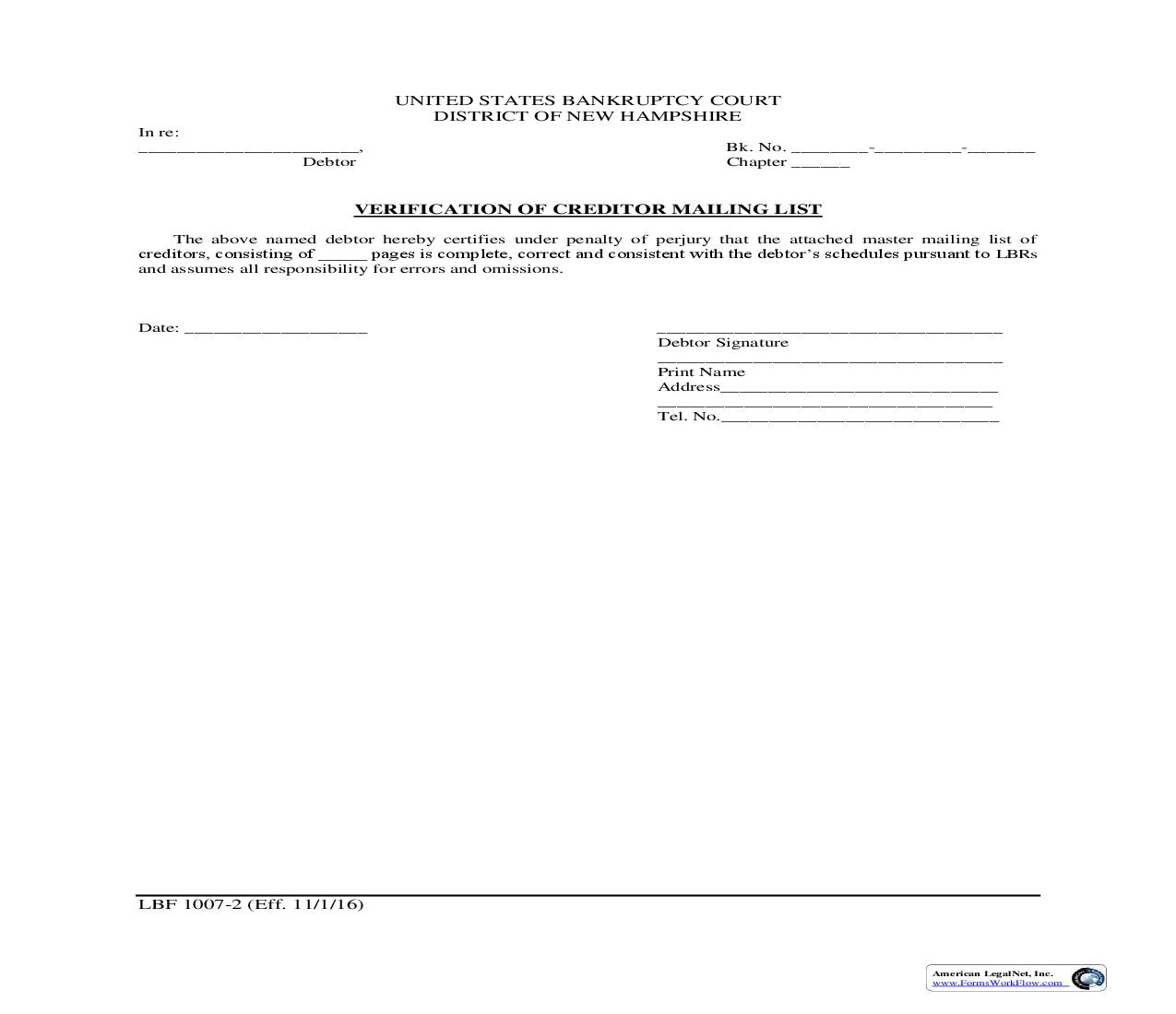 Verification Of Creditor Matrix {LBF 1007-2} | Pdf Fpdf Doc Docx | New Hampshire