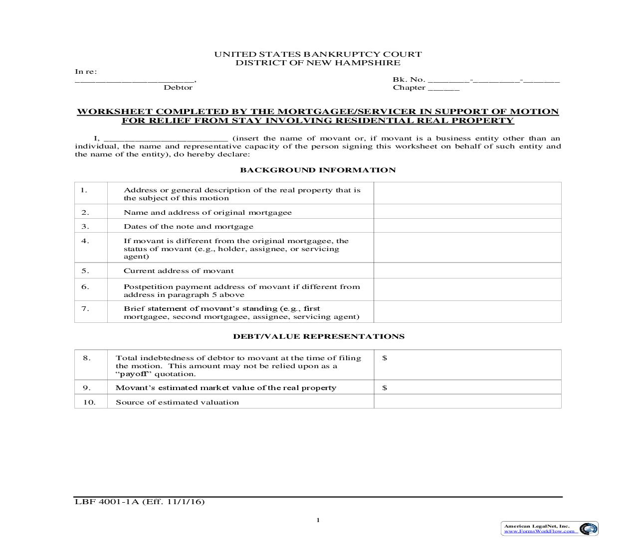 Worksheet Completed By The Mortgagee-Servicer In Support Of Motion For Relief {LBF 4001-1A} | Pdf Fpdf Doc Docx | New Hampshire