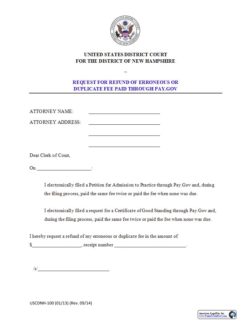 Request For Refund {USCDNH-100} | Pdf Fpdf Docx | New Hampshire