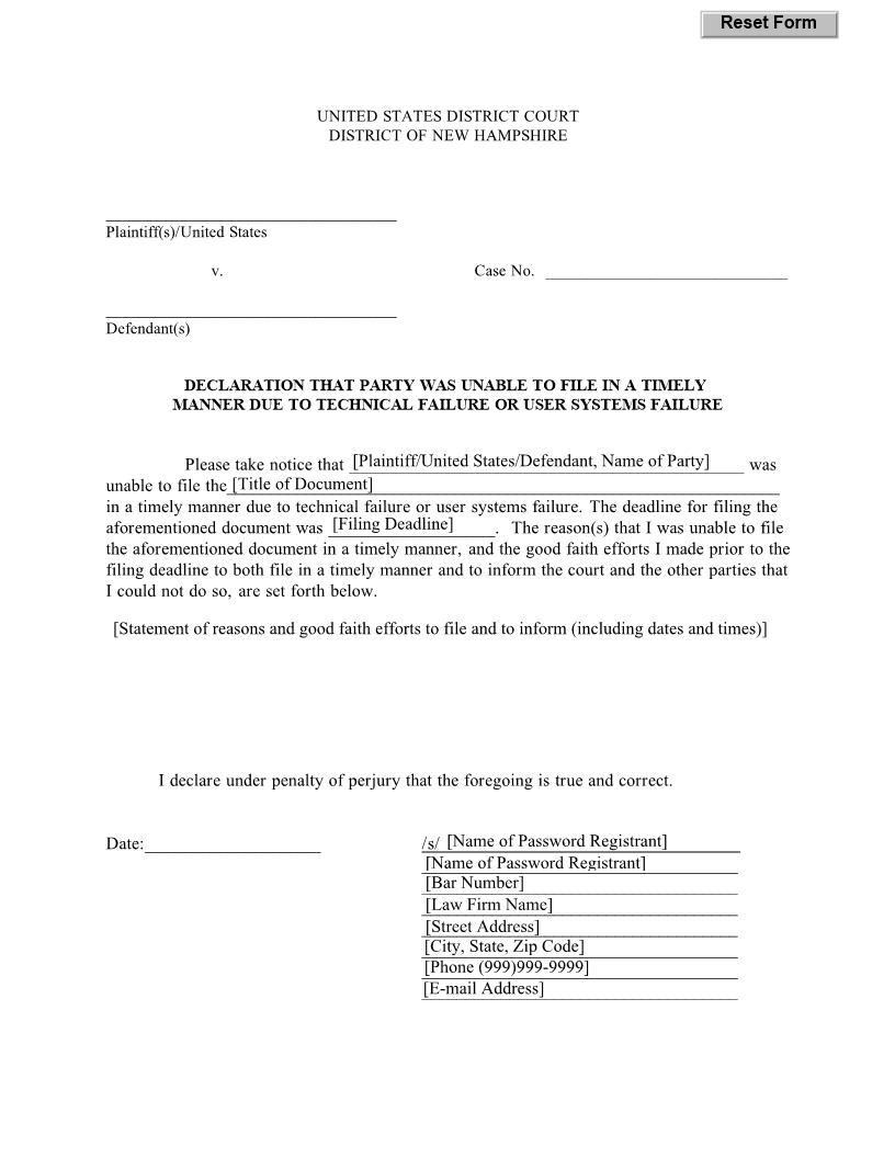 Declaration Of Technical Failure Or User Systems Failure | Pdf Fpdf Docx | New Hampshire