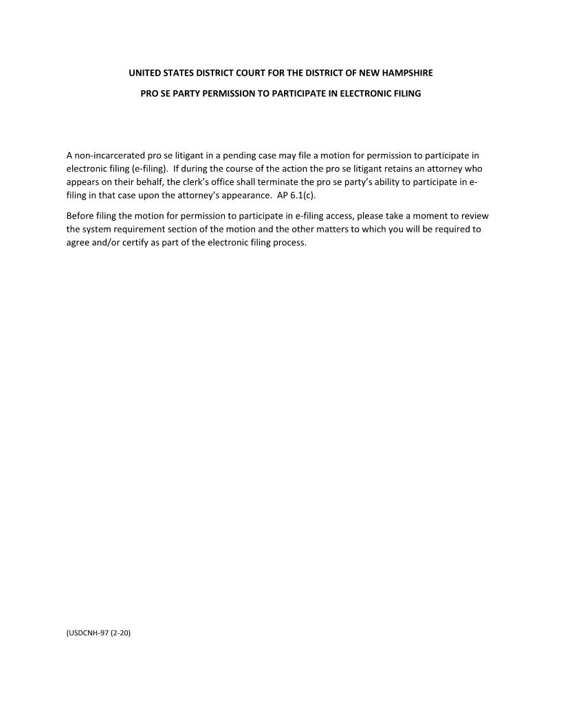 Motion To Participate In Electronic Filing (Pro Se) | Pdf Fpdf Docx | New Hampshire