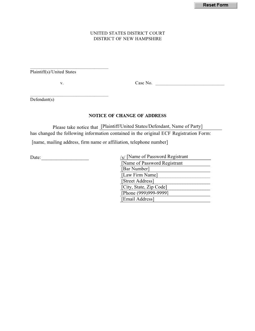 Notice Of Change Of Address | Pdf Fpdf Docx | New Hampshire