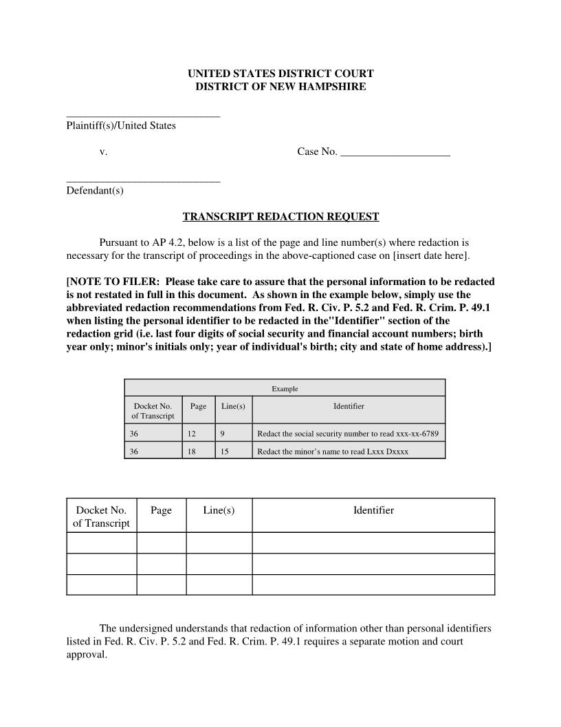 Transcript Redaction Request | Pdf Fpdf Docx | New Hampshire