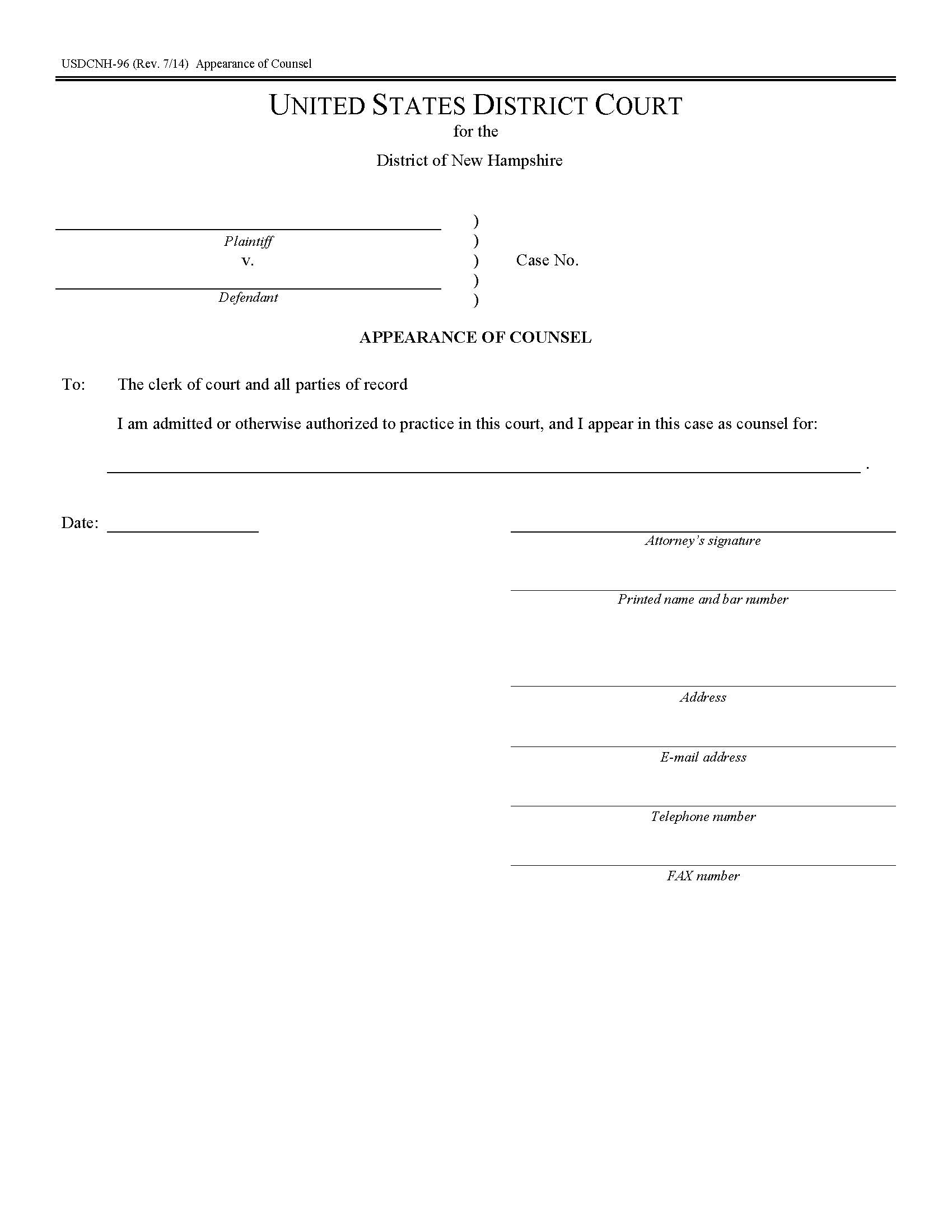 Appearance Of Counsel {USDCNH-96} | Pdf Fpdf Docx | New Hampshire