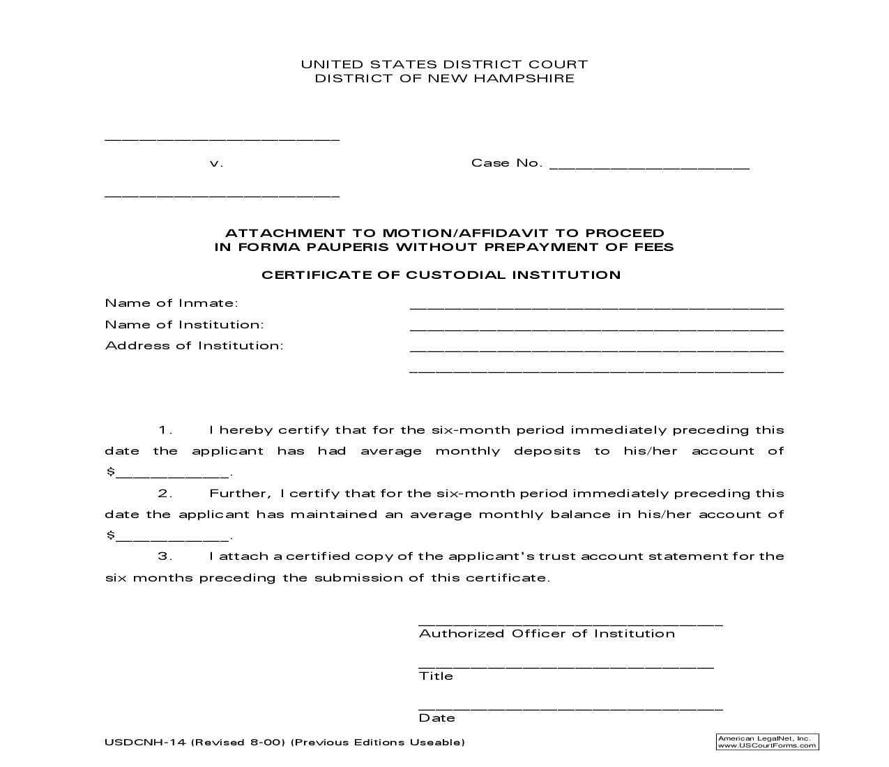Certificate Of Custodial Institution | Pdf Fpdf Doc Docx | New Hampshire
