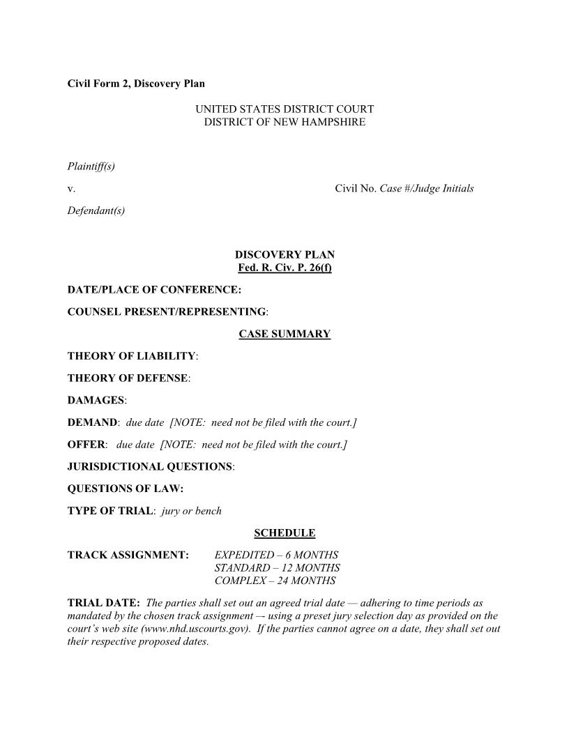 Discovery Plan {2} | Pdf Fpdf Docx | New Hampshire