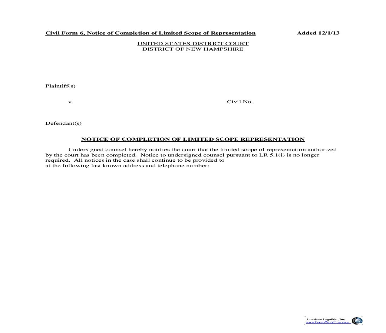 Notice Of Completion-Limited Scope Representation {6} | Pdf Fpdf Doc Docx | New Hampshire