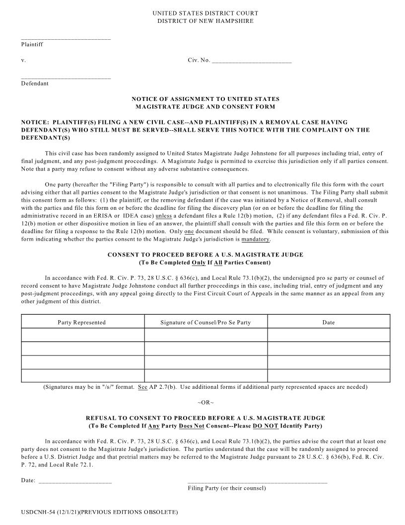 Notice of Assignment To US Magistrate Judge And Consent{USDCNH 54} | Pdf Fpdf Doc Docx | New Hampshire