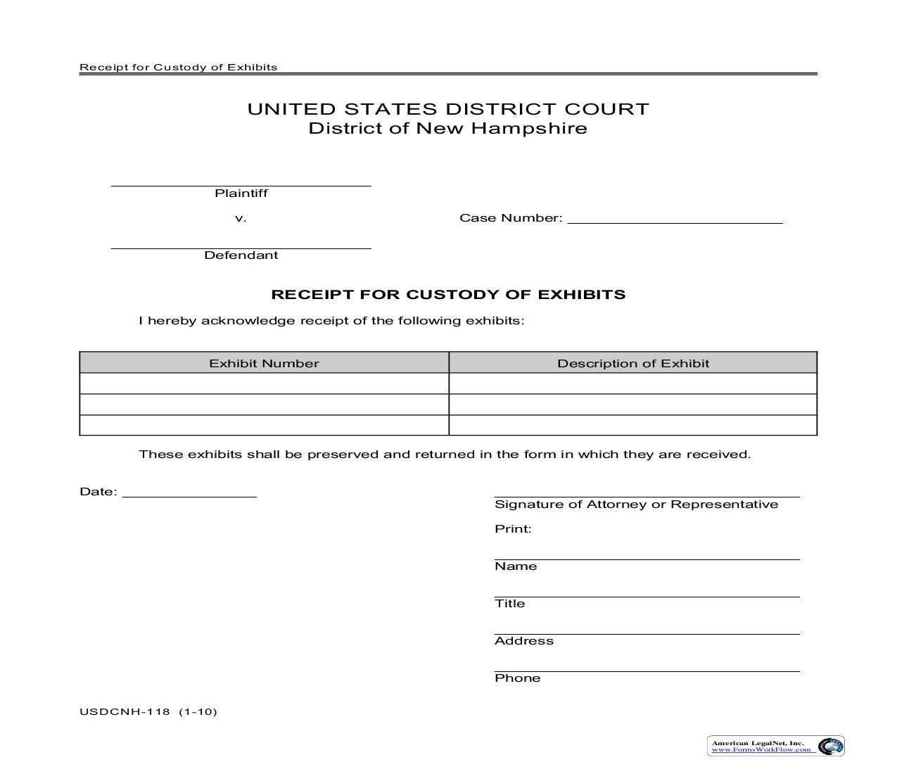 Receipt For Custody Of Exhibits {USDCNH-118} | Pdf Fpdf Doc Docx | New Hampshire