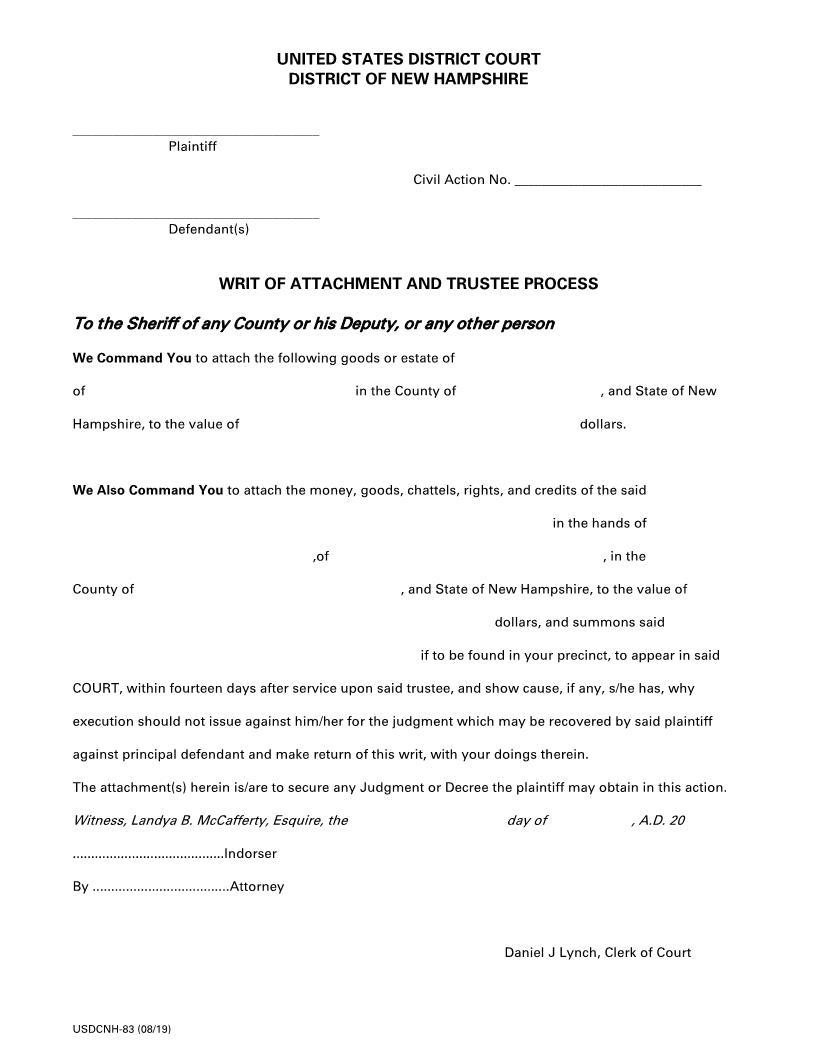 Writ Of Attachment{USDCNH-83} | Pdf Fpdf Doc Docx | New Hampshire