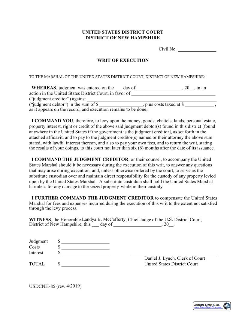 Writ Of Execution {USDCNH-85} | Pdf Fpdf Docx | New Hampshire