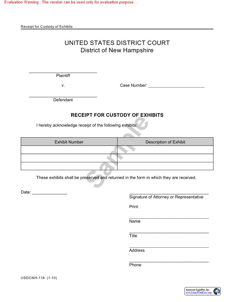 Receipt For Custody Of Exhibits {USDCNH-118} | Pdf Fpdf Doc Docx | New Hampshire