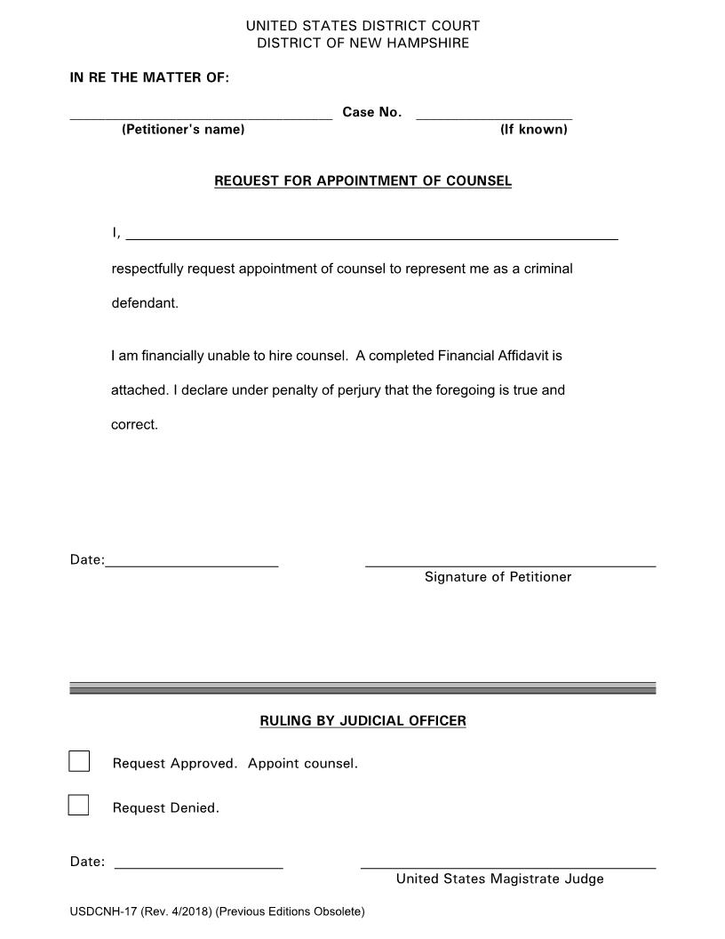 Request For Appointment Of Counsel | Pdf Fpdf Doc Docx | New Hampshire