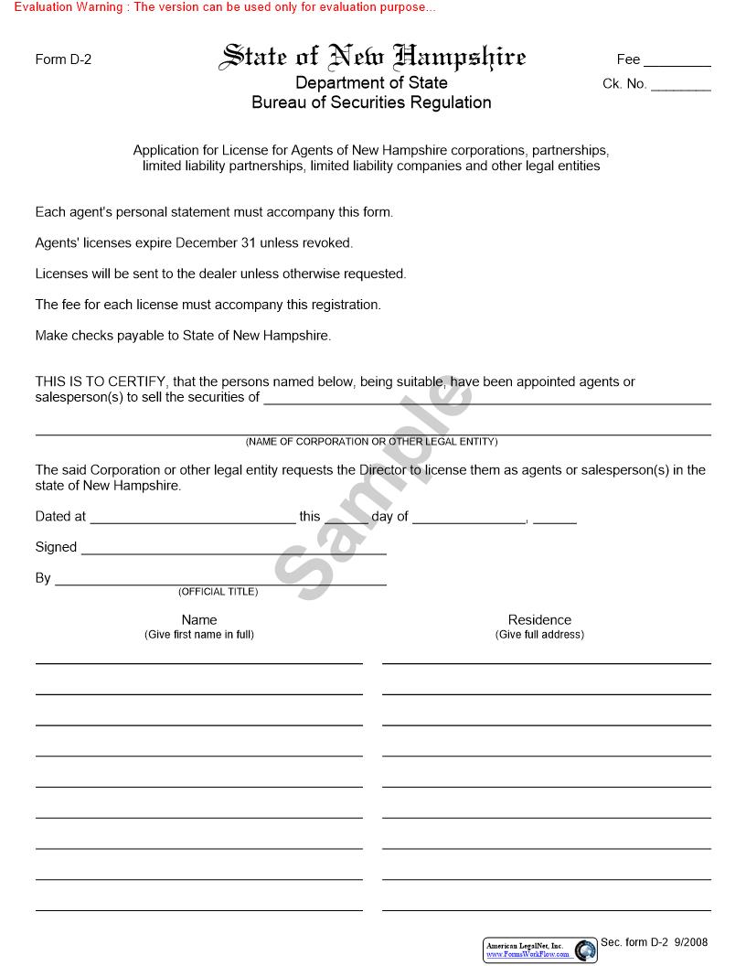 Application For License For Agents Of New Hampshire Legal Entities (NH Issuer-Dealer) {D-2} | Pdf Fpdf Doc Docx | New Hampshire