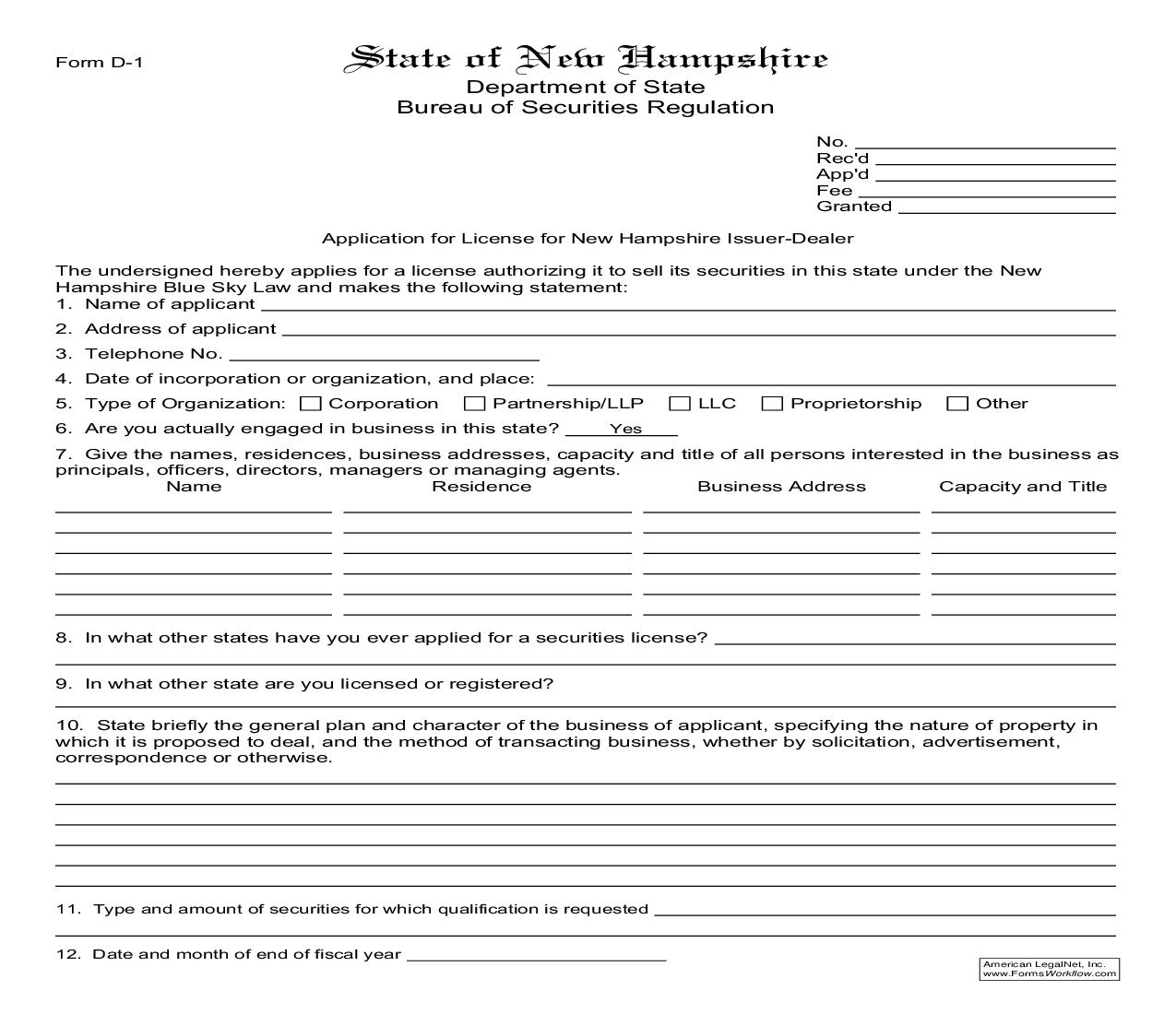Application For License For New Hampshire Issuer-Dealer {D-1} | Pdf Fpdf Doc Docx | New Hampshire