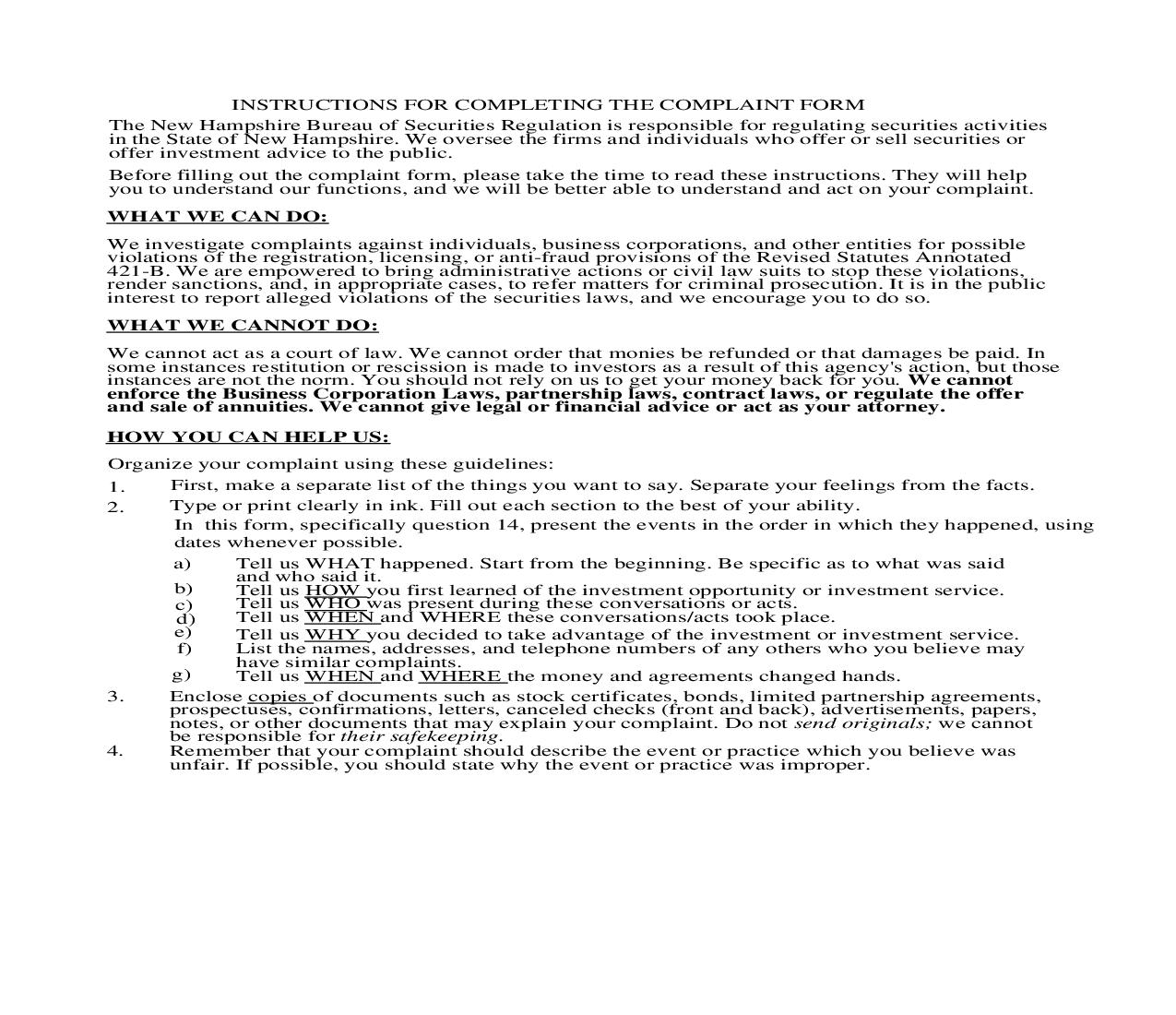 Complaint Form (Investor) | Pdf Fpdf Doc Docx | New Hampshire