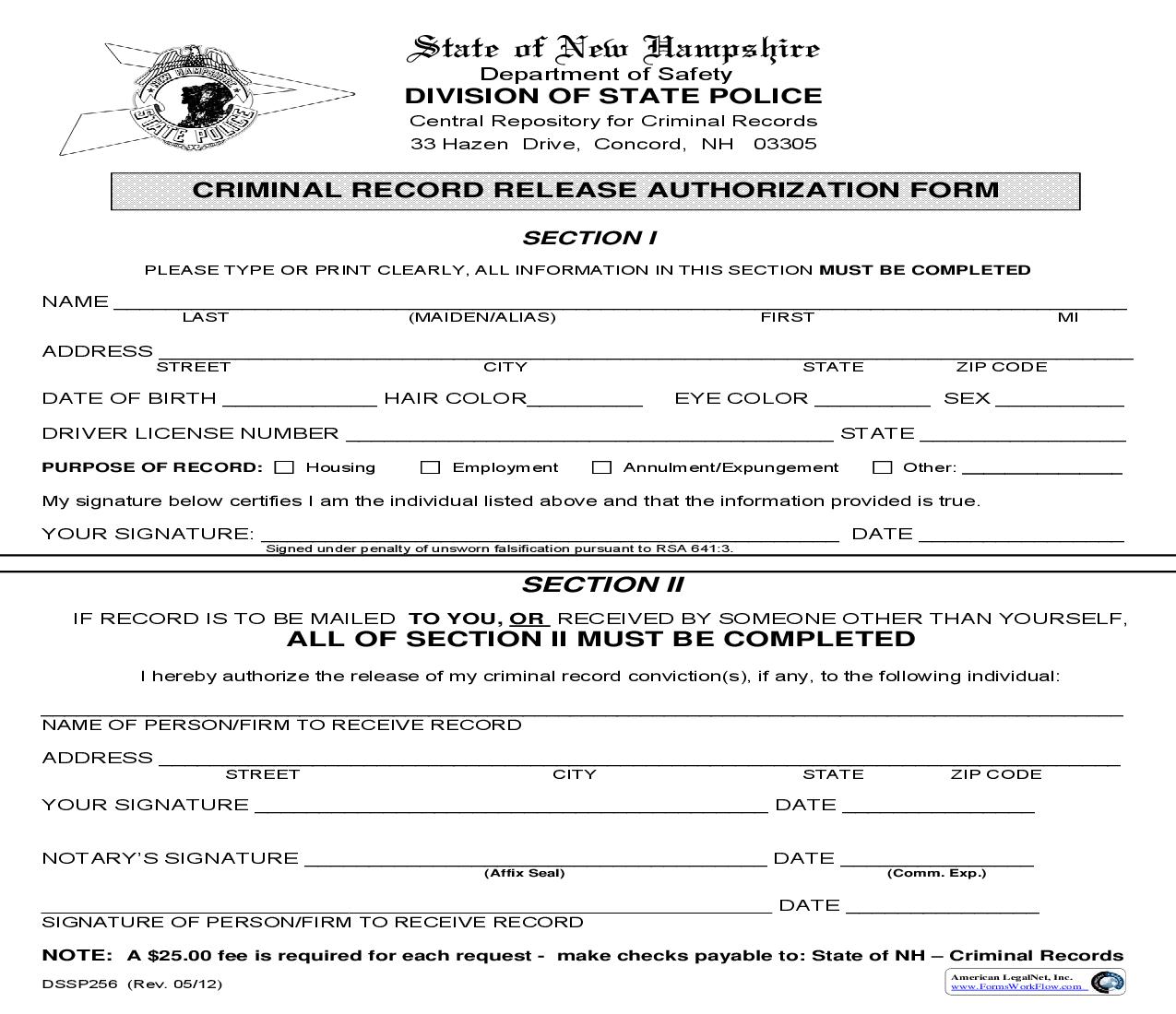 Criminal Record Release Authorization Form | Pdf Fpdf Doc Docx | New Hampshire