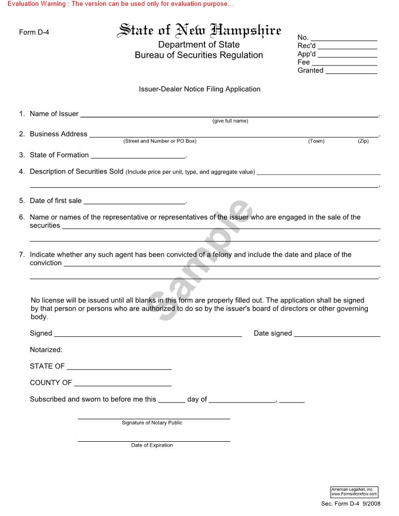 Issuer-Dealer Notice Filing Application {D-4} | Pdf Fpdf Doc Docx | New Hampshire