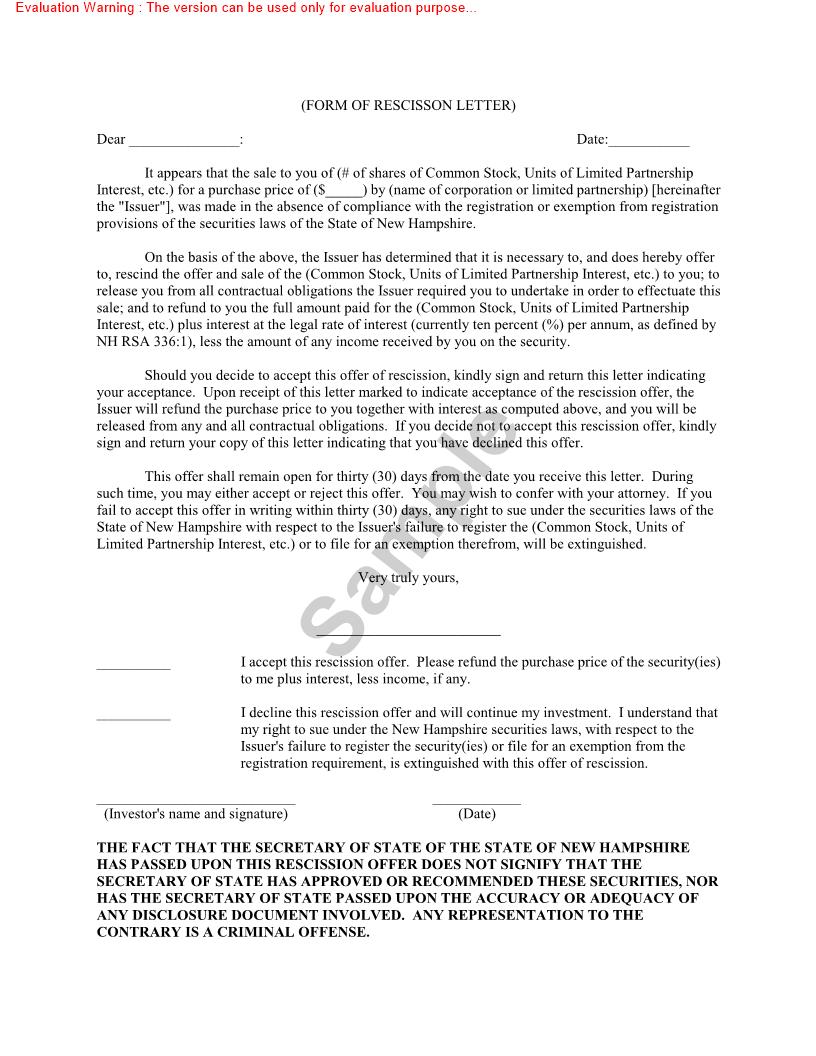 New Hampshire Rescission Letter | Pdf Fpdf Doc Docx | New Hampshire