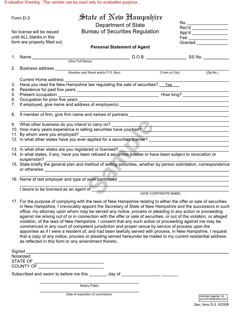 Personal Statement Of Agent (NH Issuer-Dealer) {D-3} | Pdf Fpdf Doc Docx | New Hampshire