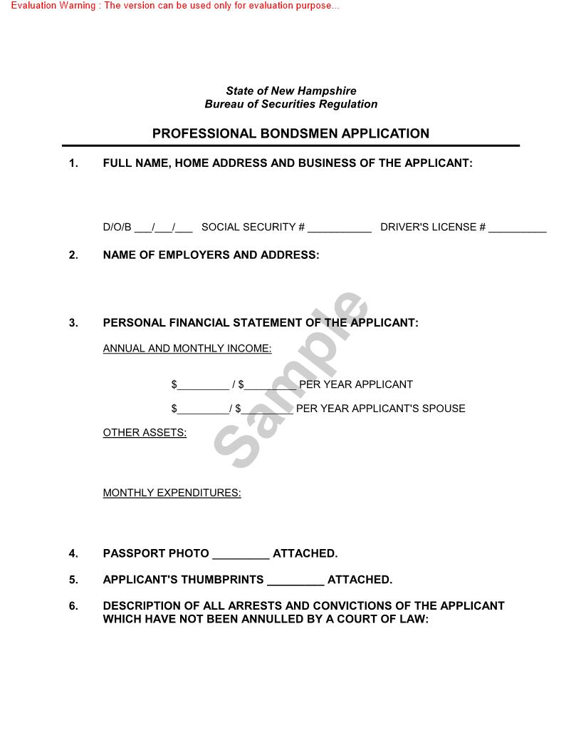 Professional Bondsmen Application | Pdf Fpdf Doc Docx | New Hampshire