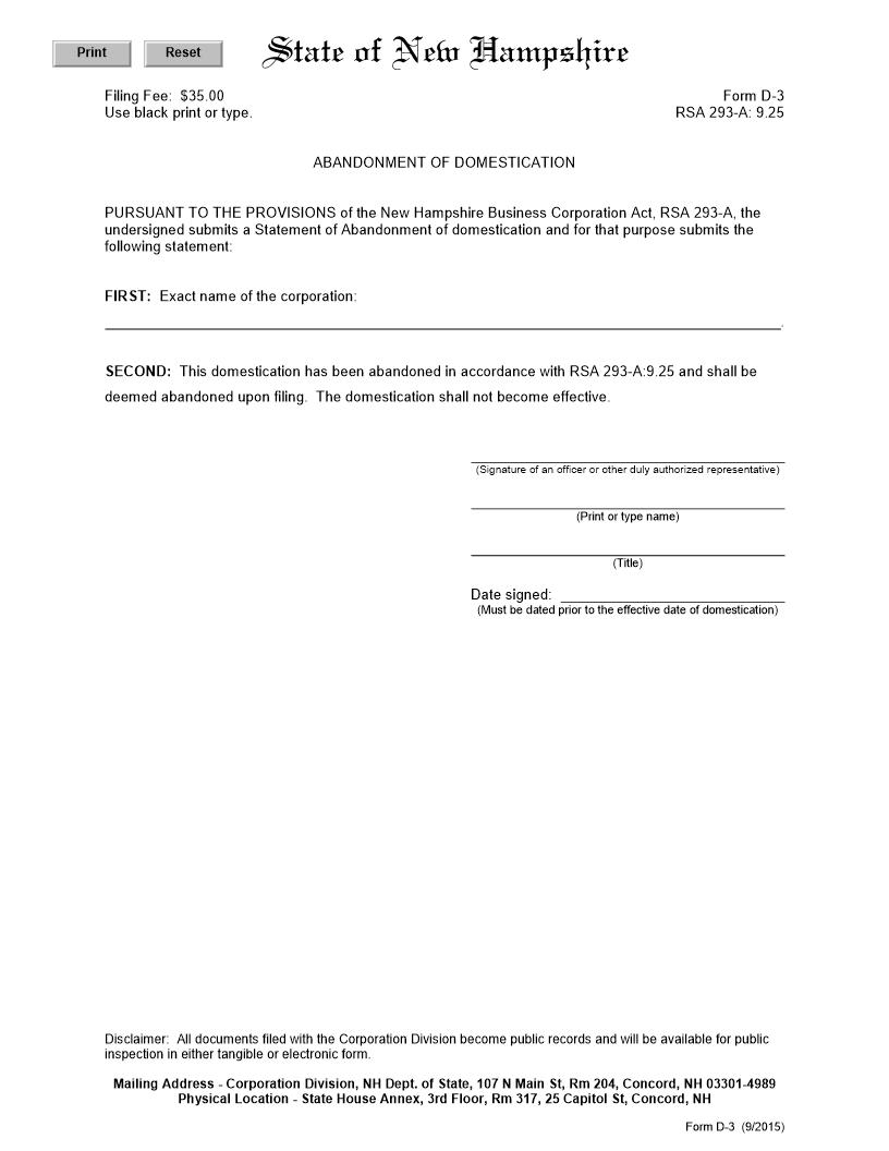 Abandonment Of Domestication {D-3} | Pdf Fpdf Docx | New Hampshire