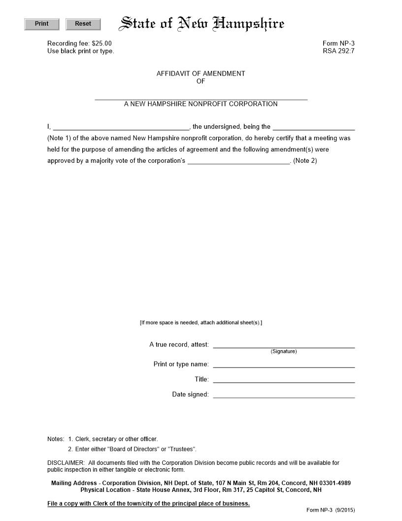 Affidavit Of Amendment Of Nonprofit Corp {NP-3} | Pdf Fpdf Docx | New Hampshire