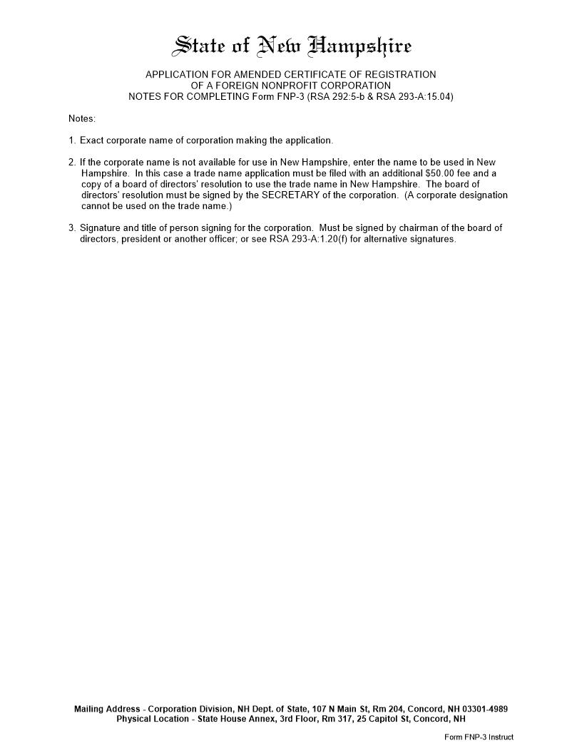 Application For Amended Certificate Of Registration - Foreign Nonprofit Corp {FNP-3} | Pdf Fpdf Docx | New Hampshire