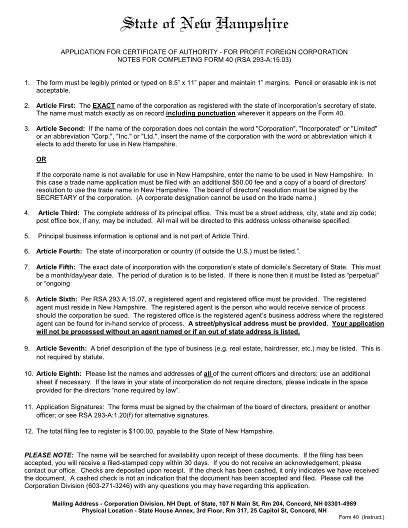 Application For Certificate Of Authority {40} | Pdf Fpdf Docx | New Hampshire