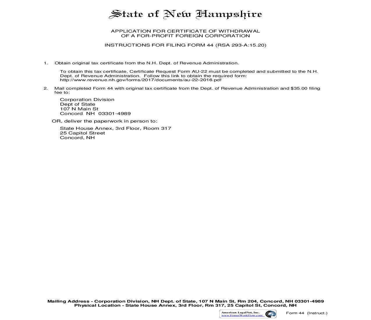 Application For Certificate Of Withdrawal For Profit Foreign Corporation {44} | Pdf Fpdf Doc Docx | New Hampshire